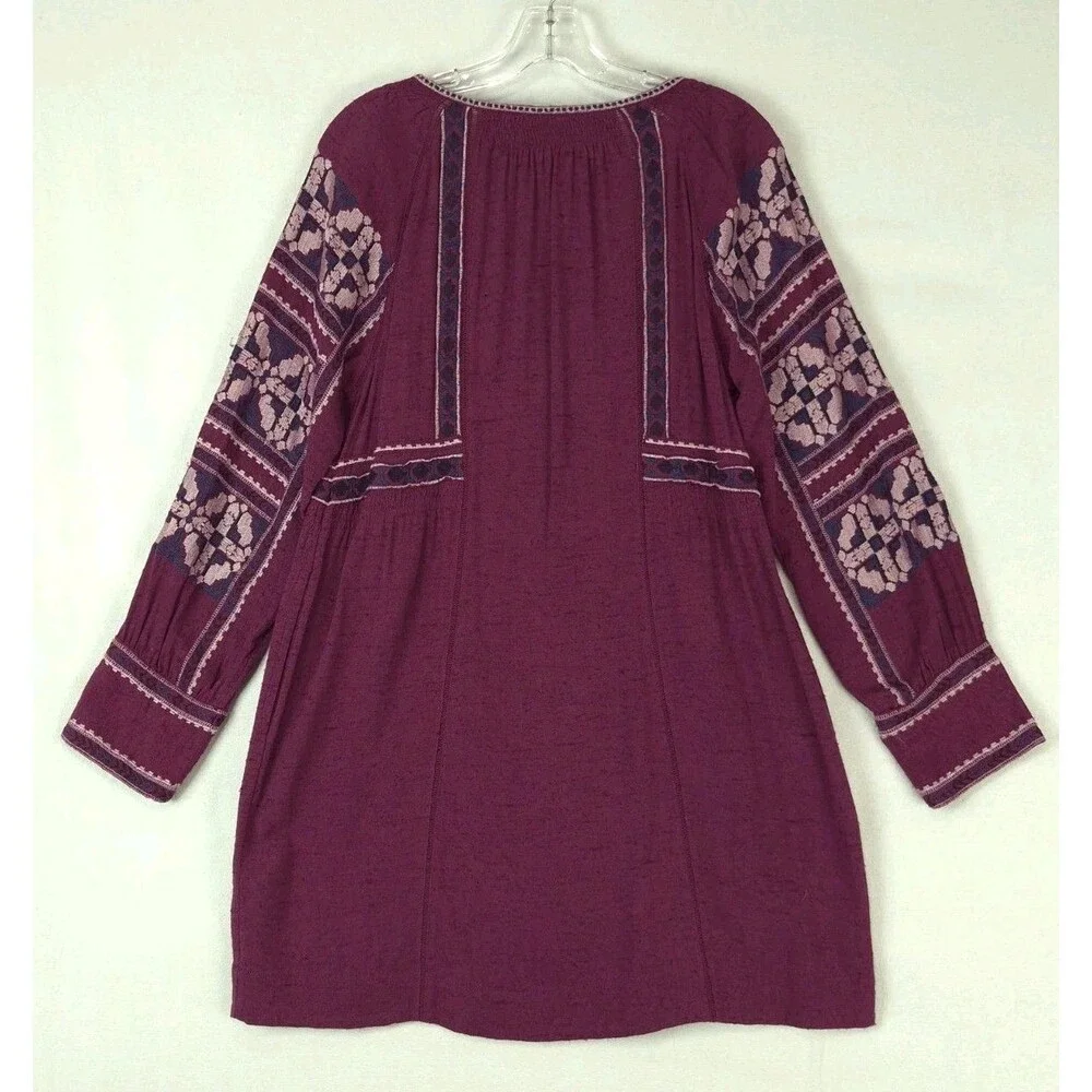 Free People All My Life Mini Dress XS Magenta Pink Embroidered Peasant V Neck